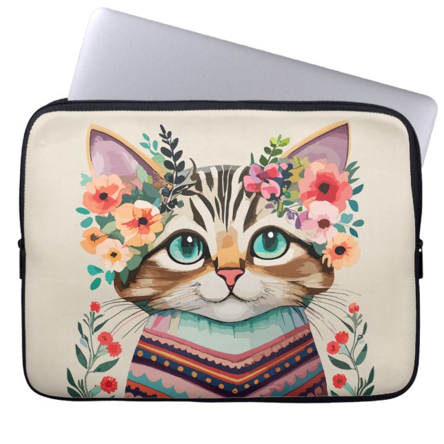 Niedliche Cat Floral Watercolor Laptopschutzhülle (Vorderseite)
