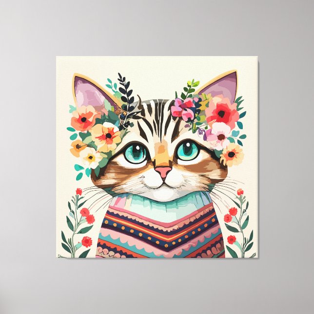 Niedliche Cat Floral Watercolor Leinwanddruck (Vorderseite)