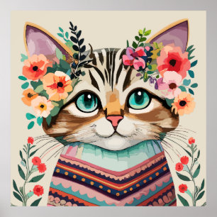 Niedliche Cat Floral Watercolor Poster