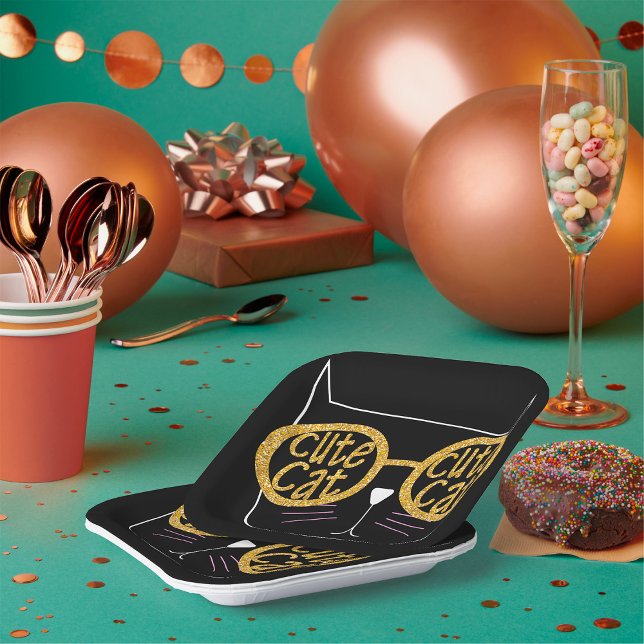 Niedliche Cat Glasses Graphic Gold Glitzer Kitty F Pappteller (Von Creator hochgeladen)