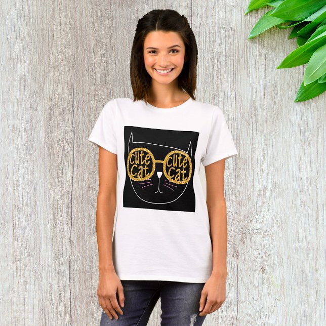 Niedliche Cat Glasses Graphic Gold Glitzer Kitty F T-Shirt (Von Creator hochgeladen)