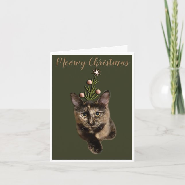 Niedliche Cat Green Meowy Weihnachtskarte Feiertagskarte (Vorderseite)