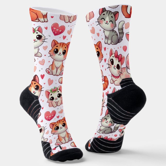 Niedliche Cat & Hearts Muster Socken - Rosa & Rot (Gewinkelt)