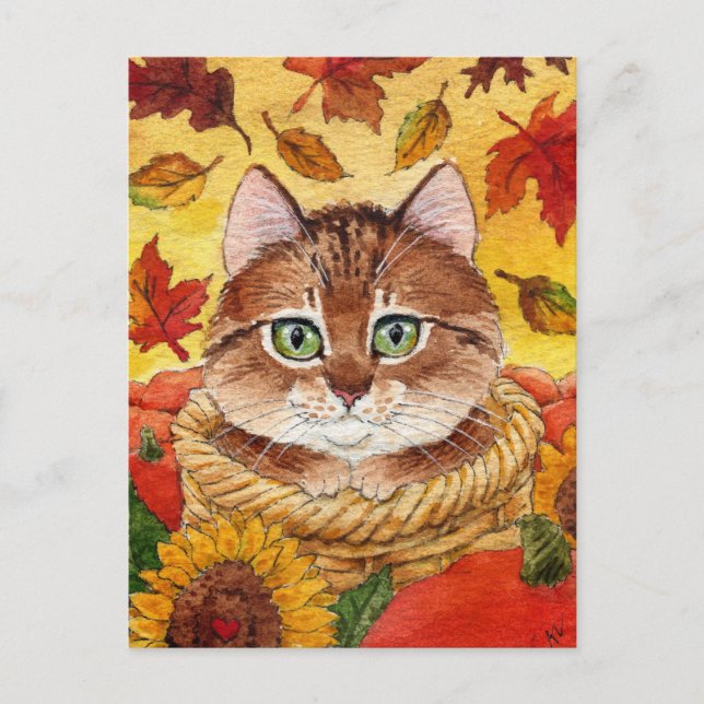 Niedliche Cat Herbst-Körbe Pumpkins Postkarte (Vorderseite)