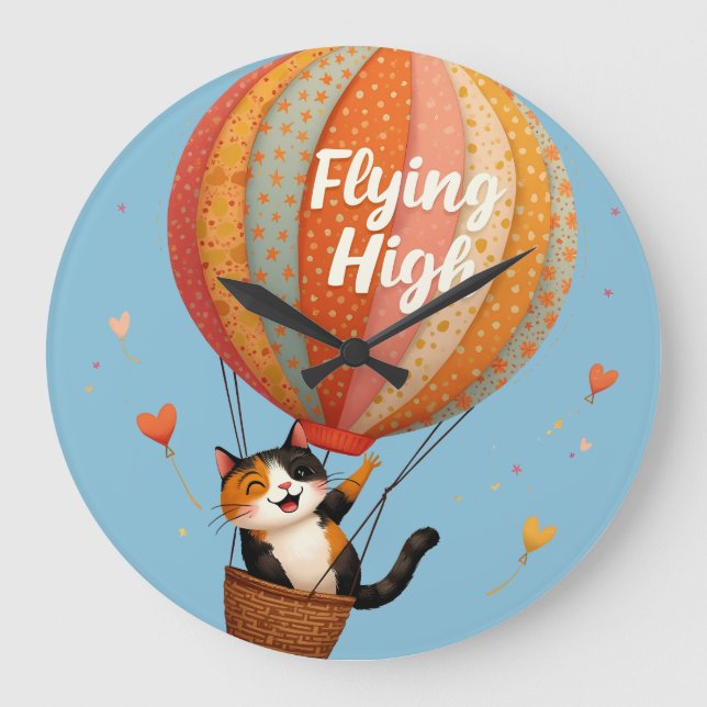 Niedliche Cat Hot Air Ballon Whimsikkunst Große Wanduhr (Vorderseite)