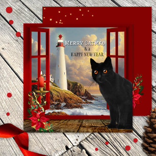 Niedliche Cat Lighthouse Weihnachtskarte Karte