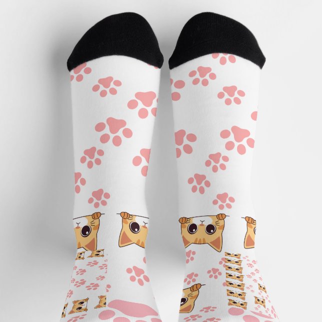 Niedliche Cat & Paw Drucksocken, Crew Socken (Oben)
