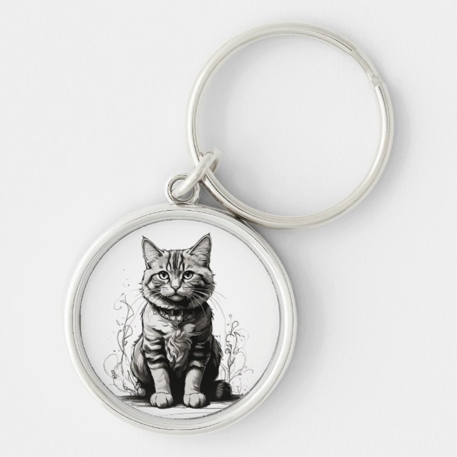 Niedliche Cat Pencil Sketch Schlüsselanhänger (Vorne)