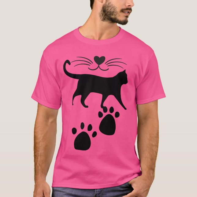 Niedliche Cat-Silhouette mit Herznose und Paw-Prin T-Shirt (Vorderseite)