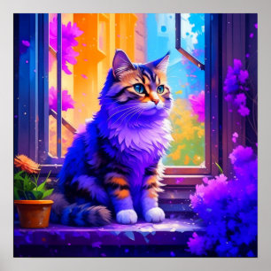 Niedliche Cat Sitting in Window Ai Art Poster