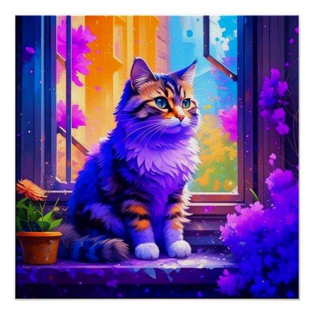 Niedliche Cat Sitting in Window Ai Art Poster (Vorderseite)