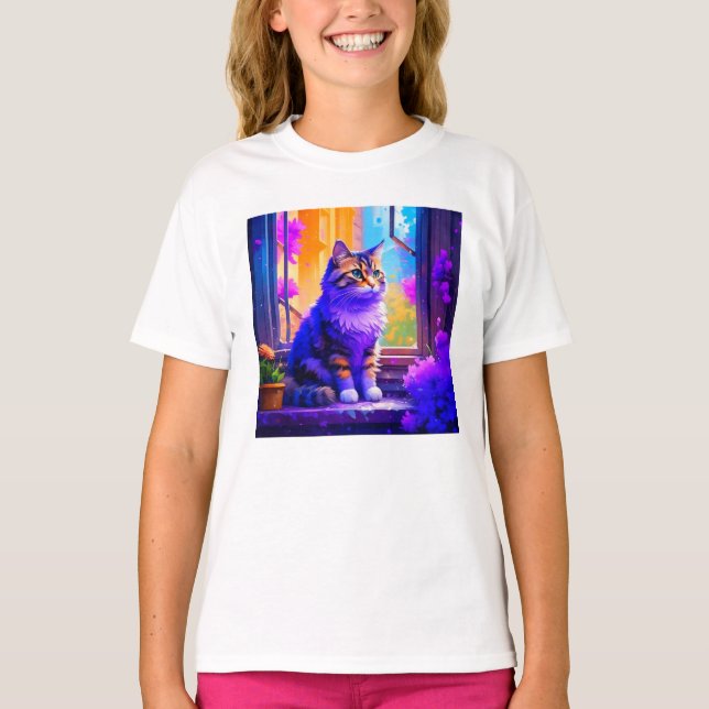 Niedliche Cat Sitting in Window Ai Art T-Shirt (Vorderseite)