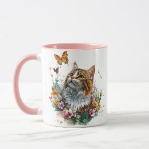 Niedliche Cat-Tasse mit Blumen- und Schmetterlings Tasse