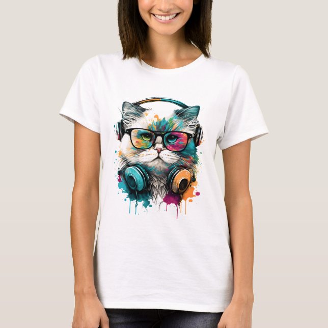 Niedliche Cat Wearing Brillen & Headset T-Shirt (Vorderseite)