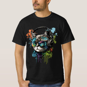 Niedliche Cat Wearing Brillen & Headset T - Shirt