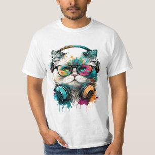 Niedliche Cat Wearing Brillen & Headset T-Shirt