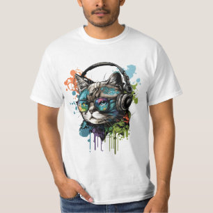 Niedliche Cat Wearing Brillen & Headset T - Shirt