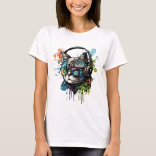 Niedliche Cat Wearing Brillen & Headset T - Shirt