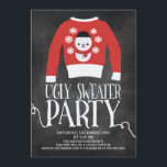 Niedliche Chalkboard Ugly Sweater Holiday Party Einladung<br><div class="desc">Moderne Kalkboard Tacky hässliche Pullover Party Einladung mit einem roten Pullover mit weißen Schneeflocken und einem Schneemann mit handgeschriebener Typografie in texturiertem Weiß.</div>