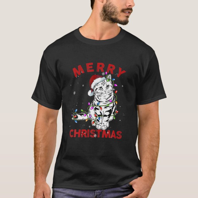 Niedliche Chat Weihnachtsmannmütze Weihnachtslicht T-Shirt (Vorderseite)