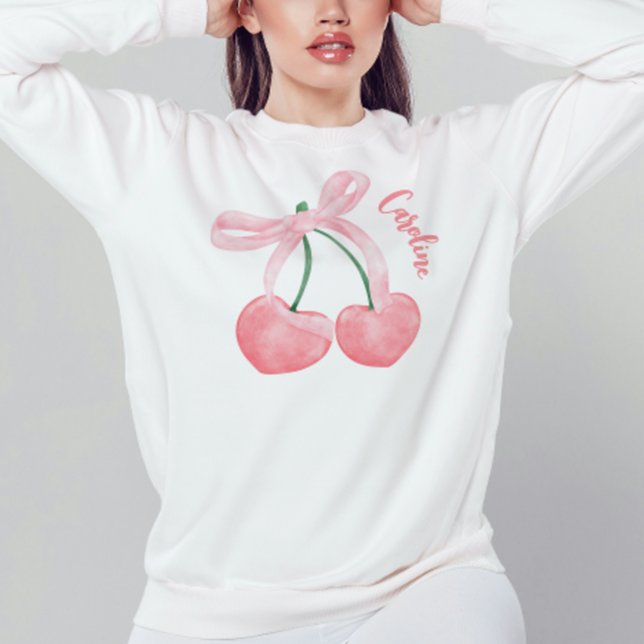 Niedliche Cherry mit rosa Bow Girly Coquette Ästhe Sweatshirt (Coquette sweatshirt, cute bow and cherries coquette clothing shirt with personalized monogram name)