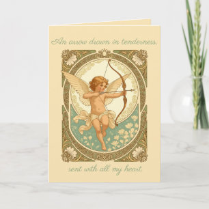 Niedliche cherubische Figur mit Art Nouveau Blumen Karte