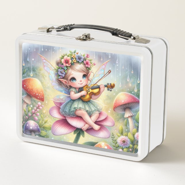 Niedliche Chibi Fairy mit Violine auf rosa Blume Metall Brotdose (Vorderseite)