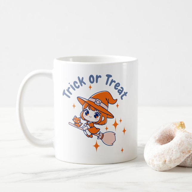 Niedliche Chibi Hexe "Trick or Treat" Halloween Kaffeetasse (Mit Donut)