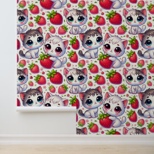 Niedliche Chibi-Katzen und Erdbeeren Tapete