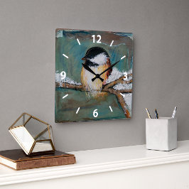 Niedliche Chickadee Bird Art Collection Quadratische Wanduhr
