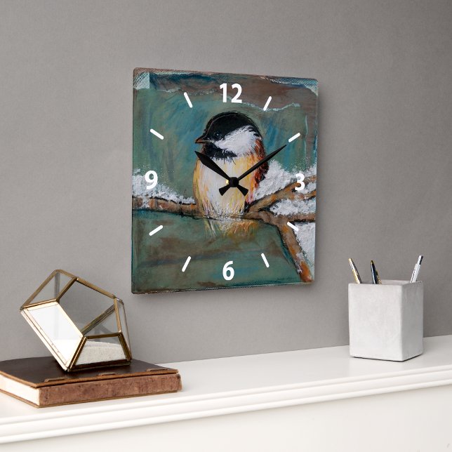 Niedliche Chickadee Bird Art Collection Quadratische Wanduhr (Cute Chickadee Bird Art Square Wall Clock from Jenn's Emporium.)