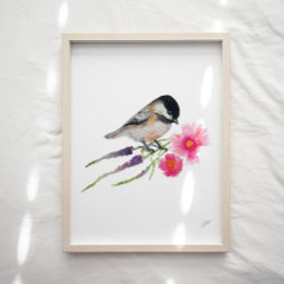 Niedliche Chickadee Bird Blume Kunst, Dichtung und Poster