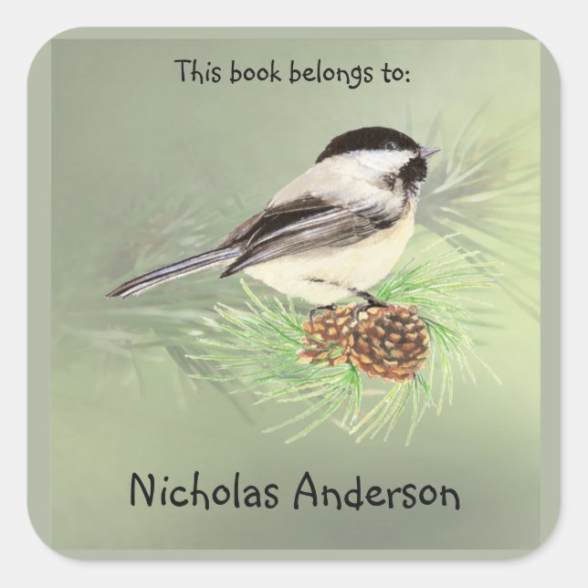 Niedliche Chickadee Bird & Pine Art Buchzeichen Quadratischer Aufkleber (Vorderseite)