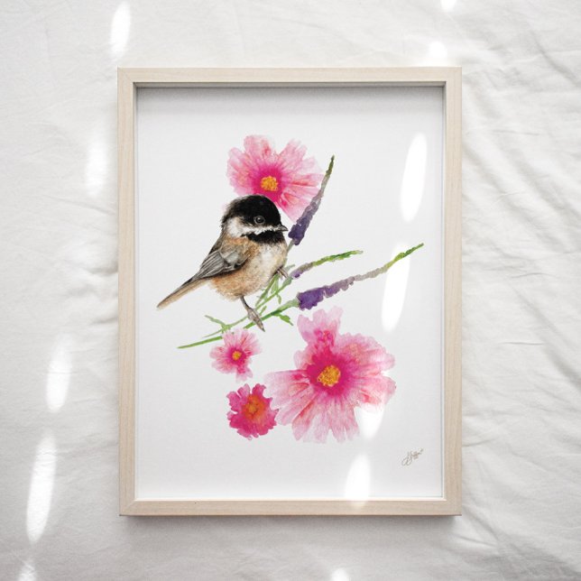 Niedliche Chickadee Bird Rosa Blume Printmedien Poster (Von Creator hochgeladen)