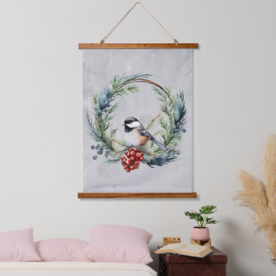 Niedliche Chickadee Bird Weath Weihnachten Wandteppich Mit Holzrahmen