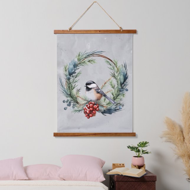Niedliche Chickadee Bird Weath Weihnachten Wandteppich Mit Holzrahmen (Schlafzimmer)