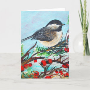 Niedliche Chickadee Red Berries Winter Note Card Feiertagskarte