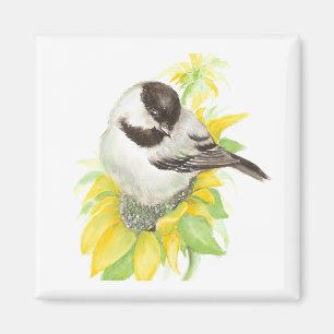 Niedliche Chickadee, Vögel, Sonnenblumen, Garten,  Magnet