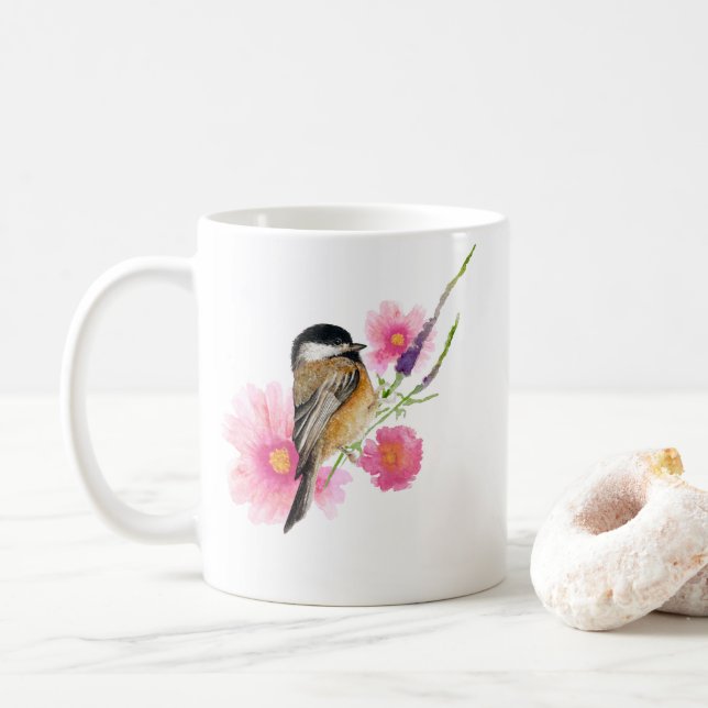 Niedliche Chickadeweine Blume Wasserfarbe Kaffeetasse (Mit Donut)