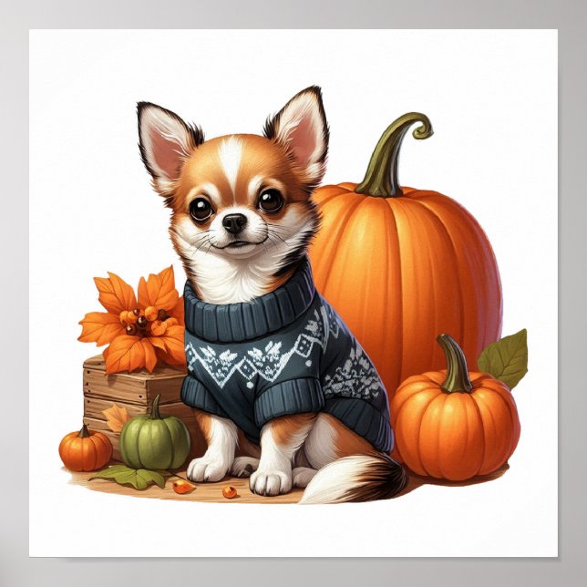 Niedliche Chihuahua im Sweater mit Pumpkins Poster (Vorne)