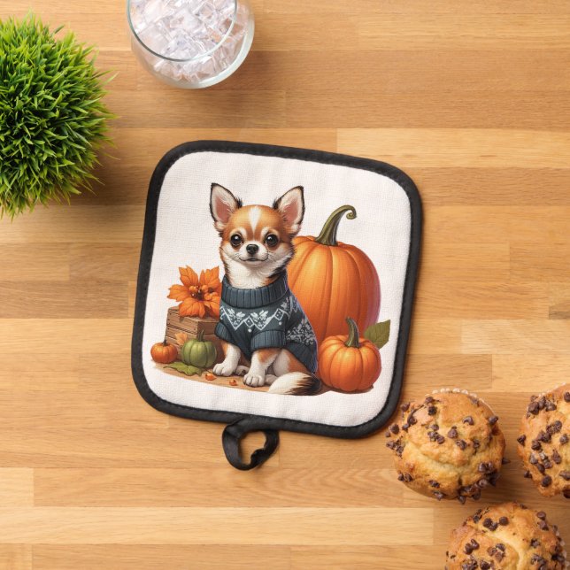 Niedliche Chihuahua im Sweater mit Pumpkins Topflappen (Oben Unten)