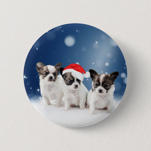 Niedliche Chihuahua Welpen mit Weihnachtsmannmütze Button (Vorderseite)