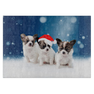 Niedliche Chihuahua Welpen mit Weihnachtsmannmütze Schneidebrett