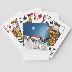 Niedliche Chihuahua Welpen mit Weihnachtsmannmütze Spielkarten
