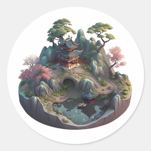 Niedliche chinesische Fantasie 3D Landscape Round  Runder Aufkleber (Vorderseite)