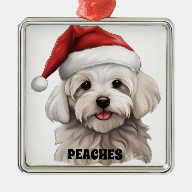 NIEDLICHE CHRISTMAS MALTESE HUND MIT WEIHNACHTSMAN ORNAMENT AUS METALL (Vorne)