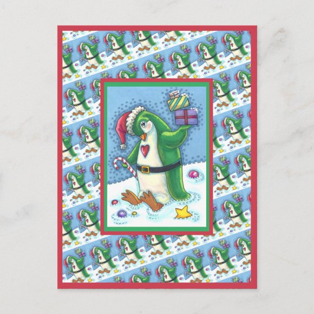 NIEDLICHE CHRISTMAS PENGUIN IN GRÜN, URLAUB POSTKARTE (Vorderseite)