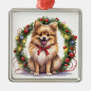 NIEDLICHE CHRISTMAS URLAUB SPITZ DOG & WREATH ORNAMENT AUS METALL