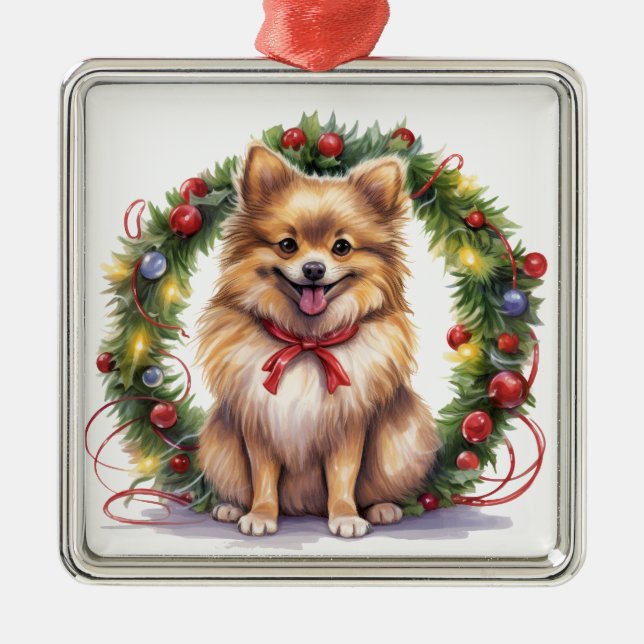 NIEDLICHE CHRISTMAS URLAUB SPITZ DOG & WREATH ORNAMENT AUS METALL (Vorne)