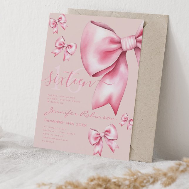 Niedliche Coquette Rosa Bow Sweet 16 Blasse Rose Einladung (Cute Coquette Blush Pink Bow Sweet 16 Pale Rose Invitation)
